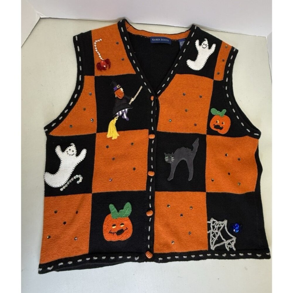 Vintage Karen Scott Vest Halloween Sweater Witch Cat Spider Embellish Large